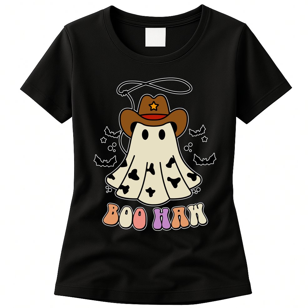 Boo Haw Ghost Western Cowboy Cowgirl Halloween Womens T-Shirt