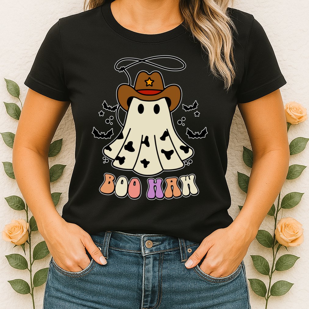 Boo Haw Ghost Western Cowboy Cowgirl Halloween Womens T-Shirt