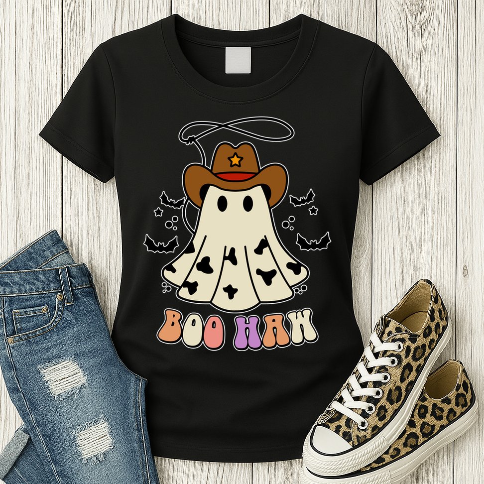 Boo Haw Ghost Western Cowboy Cowgirl Halloween Womens T-Shirt