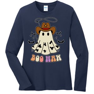 Boo Haw Ghost Western Cowboy Cowgirl Halloween Ladies Long Sleeve Shirt