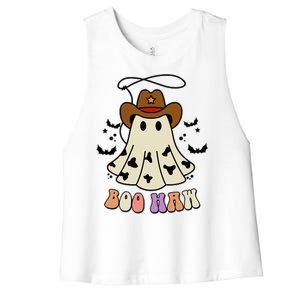 Boo Haw Ghost Western Cowboy Cowgirl Halloween Women's Racerback Cropped Tank