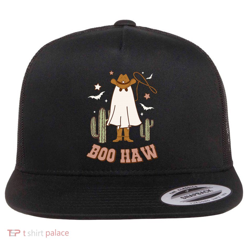 Boo Haw Ghost Funny Cowboy Cowgirl Western Halloween Flat Bill Trucker Hat