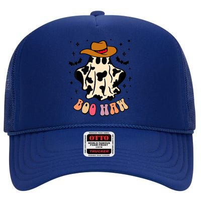 Boo Haw Ghost Western Cowboy Funny Halloween Spooky Season High Crown Mesh Back Trucker Hat