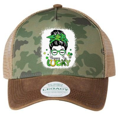Bleached Happy Go Lucky Messy Bun St Patricks Day Legacy Tie Dye Trucker Hat