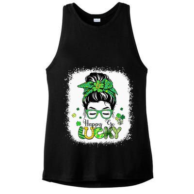 Bleached Happy Go Lucky Messy Bun St Patricks Day Ladies PosiCharge Tri-Blend Wicking Tank