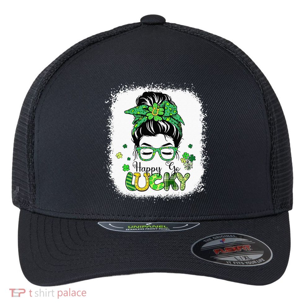 Bleached Happy Go Lucky Messy Bun St Patricks Day Flexfit Unipanel Trucker Cap