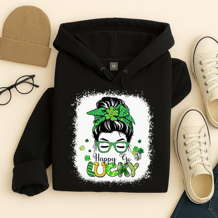 Bleached Happy Go Lucky Messy Bun St Patricks Day Hoodie