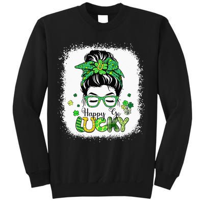 Bleached Happy Go Lucky Messy Bun St Patricks Day Sweatshirt