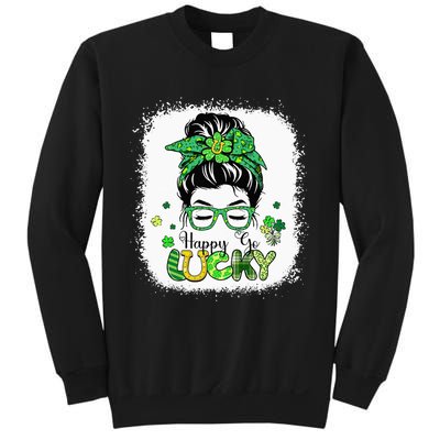 Bleached Happy Go Lucky Messy Bun St Patricks Day Sweatshirt