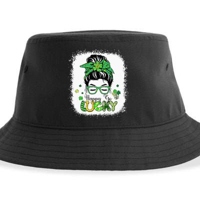 Bleached Happy Go Lucky Messy Bun St Patricks Day Sustainable Bucket Hat
