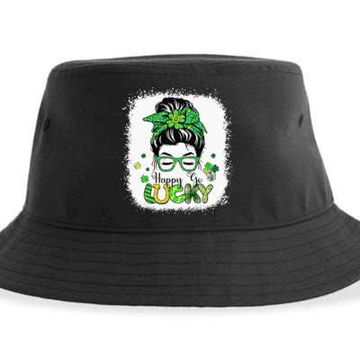 Bleached Happy Go Lucky Messy Bun St Patricks Day Sustainable Bucket Hat