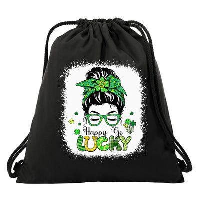 Bleached Happy Go Lucky Messy Bun St Patricks Day Drawstring Bag