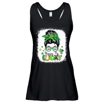 Bleached Happy Go Lucky Messy Bun St Patricks Day Ladies Essential Flowy Tank