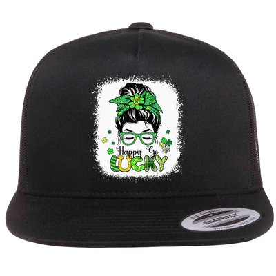Bleached Happy Go Lucky Messy Bun St Patricks Day Flatbill Hat