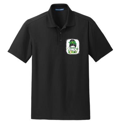 Bleached Happy Go Lucky Messy Bun St Patricks Day Dry Zone Grid Polo
