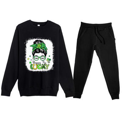 Bleached Happy Go Lucky Messy Bun St Patricks Day Premium Crewneck Sweatsuit Set