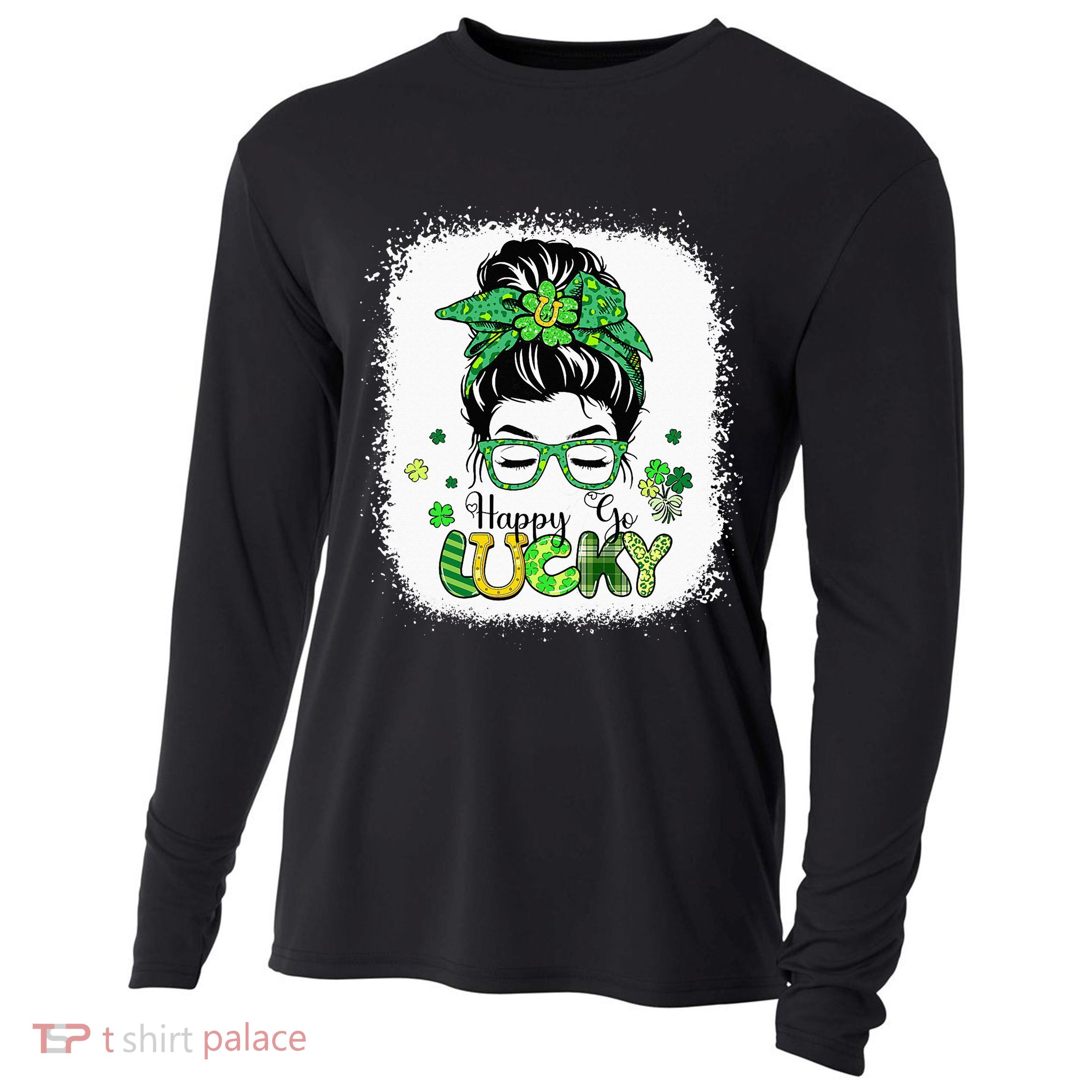 Bleached Happy Go Lucky Messy Bun St Patricks Day Cooling Performance Long Sleeve Crew