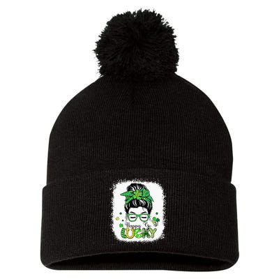 Bleached Happy Go Lucky Messy Bun St Patricks Day Pom Pom 12in Knit Beanie