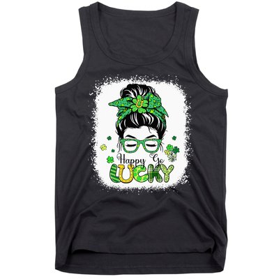 Bleached Happy Go Lucky Messy Bun St Patricks Day Tank Top