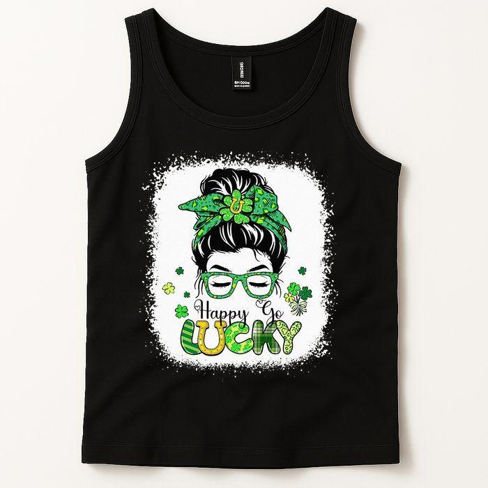 Bleached Happy Go Lucky Messy Bun St Patricks Day Tank Top