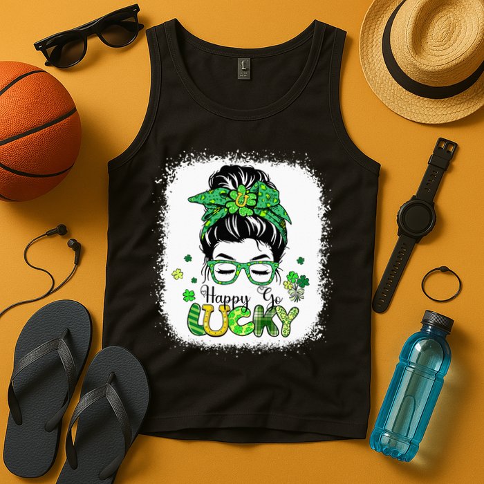 Bleached Happy Go Lucky Messy Bun St Patricks Day Tank Top