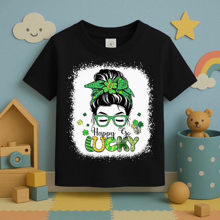 Bleached Happy Go Lucky Messy Bun St Patricks Day Toddler T-Shirt