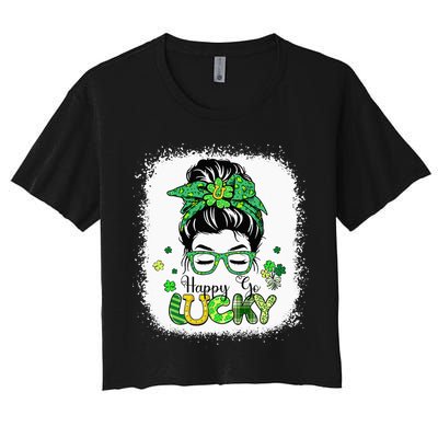 Bleached Happy Go Lucky Messy Bun St Patricks Day Crop Top