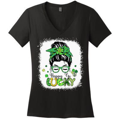 Bleached Happy Go Lucky Messy Bun St Patricks Day Women's V-Neck T-Shirt