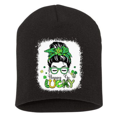 Bleached Happy Go Lucky Messy Bun St Patricks Day Short Acrylic Beanie