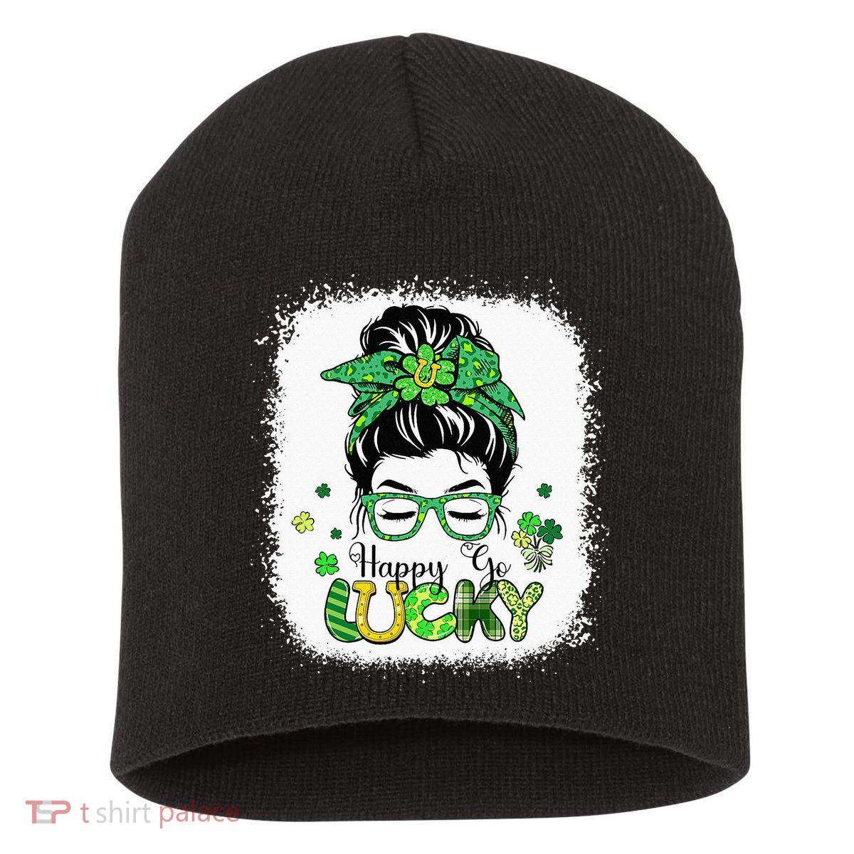 Bleached Happy Go Lucky Messy Bun St Patricks Day Short Acrylic Beanie