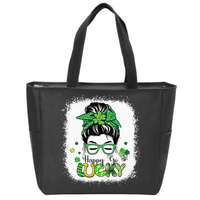 Bleached Happy Go Lucky Messy Bun St Patricks Day Zip Tote Bag