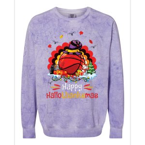 Basketball Happy Hallothanksmas Thanksgiving Christmas Colorblast Crewneck Sweatshirt