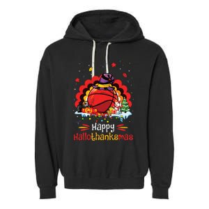 Basketball Happy Hallothanksmas Thanksgiving Christmas Garment-Dyed Fleece Hoodie