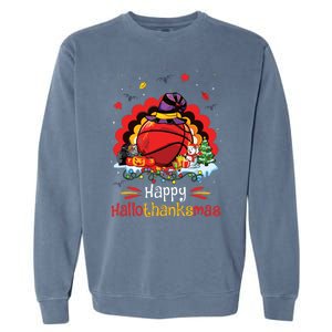 Basketball Happy Hallothanksmas Thanksgiving Christmas Garment-Dyed Sweatshirt