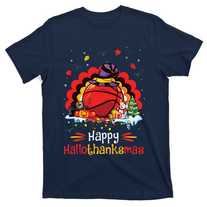 Basketball Happy Hallothanksmas Thanksgiving Christmas T-Shirt