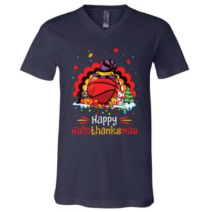 Basketball Happy Hallothanksmas Thanksgiving Christmas V-Neck T-Shirt