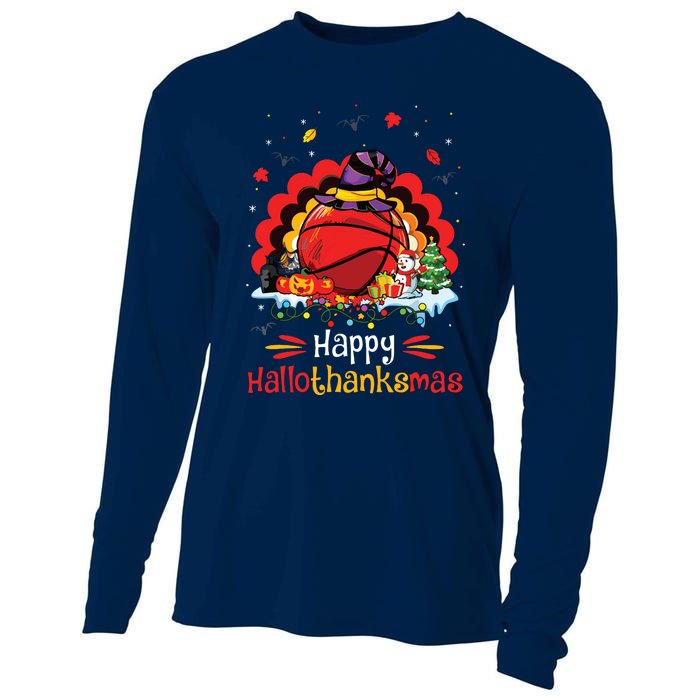 Basketball Happy Hallothanksmas Thanksgiving Christmas Cooling Performance Long Sleeve Crew