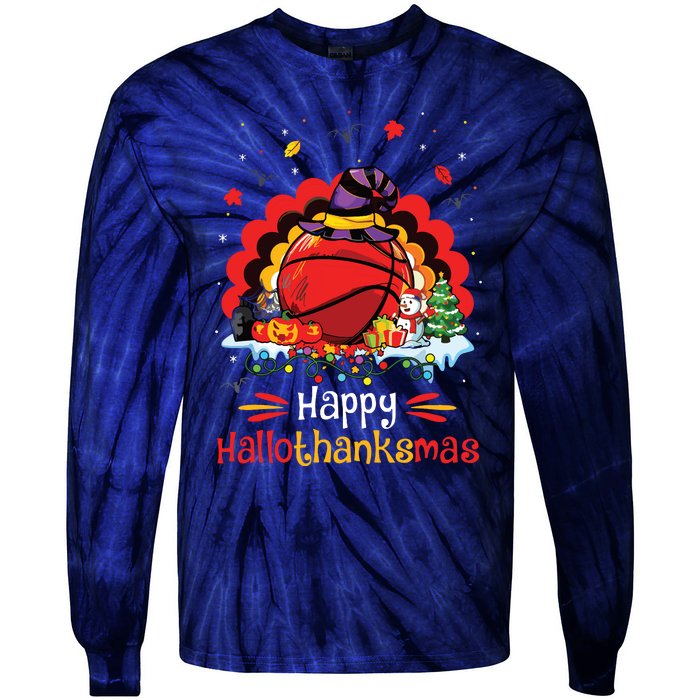 Basketball Happy Hallothanksmas Thanksgiving Christmas Tie-Dye Long Sleeve Shirt