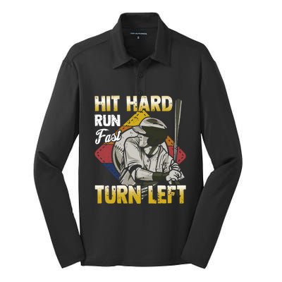 Basebal Hit Hard Run Fast Turn Left Funny Baseball Gift Silk Touch Performance Long Sleeve Polo