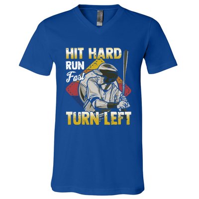 Basebal Hit Hard Run Fast Turn Left Funny Baseball Gift V-Neck T-Shirt