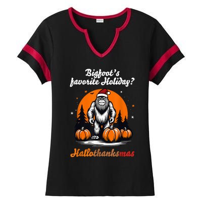 Bigfoots Hallothanksmas Holiday Pumpkin Field Christmas Hat Ladies Halftime Notch Neck Tee