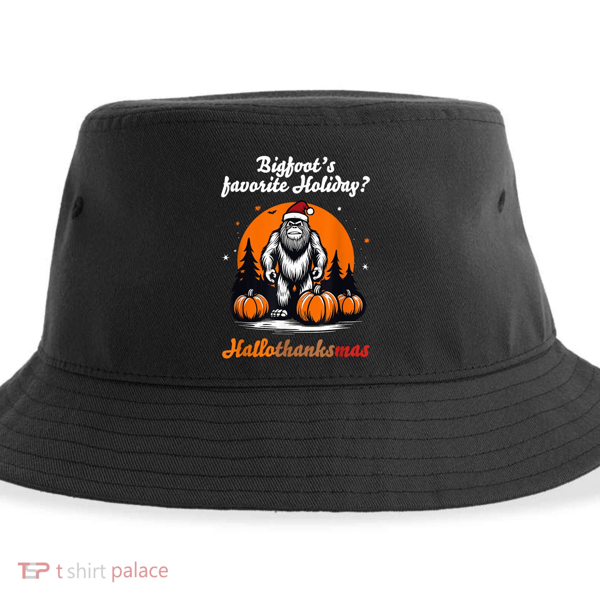 Bigfoots Hallothanksmas Holiday Pumpkin Field Christmas Hat Sustainable Bucket Hat