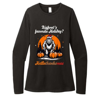 Bigfoots Hallothanksmas Holiday Pumpkin Field Christmas Hat Womens CVC Long Sleeve Shirt