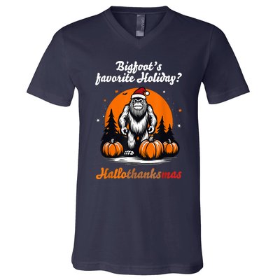 Bigfoots Hallothanksmas Holiday Pumpkin Field Christmas Hat V-Neck T-Shirt