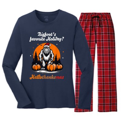 Bigfoots Hallothanksmas Holiday Pumpkin Field Christmas Hat Women's Long Sleeve Flannel Pajama Set 