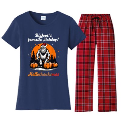 Bigfoots Hallothanksmas Holiday Pumpkin Field Christmas Hat Women's Flannel Pajama Set