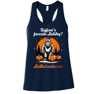 Bigfoots Hallothanksmas Holiday Pumpkin Field Christmas Hat Women's Racerback Tank