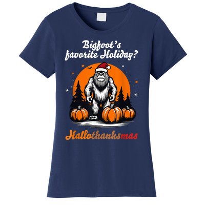 Bigfoots Hallothanksmas Holiday Pumpkin Field Christmas Hat Women's T-Shirt