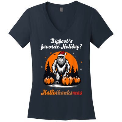 Bigfoots Hallothanksmas Holiday Pumpkin Field Christmas Hat Women's V-Neck T-Shirt