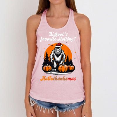 Bigfoots Hallothanksmas Holiday Pumpkin Field Christmas Hat Women's Knotted Racerback Tank